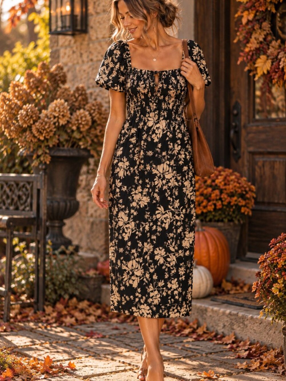 A New Day Floral Smocked Midi Dress Black Tan Flutter Sleeve Size M